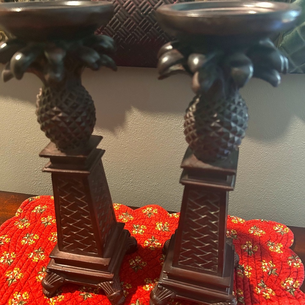 2 Pillar Candle Holder Sconces Tropical Pineapple Aged Bronze HEAVY